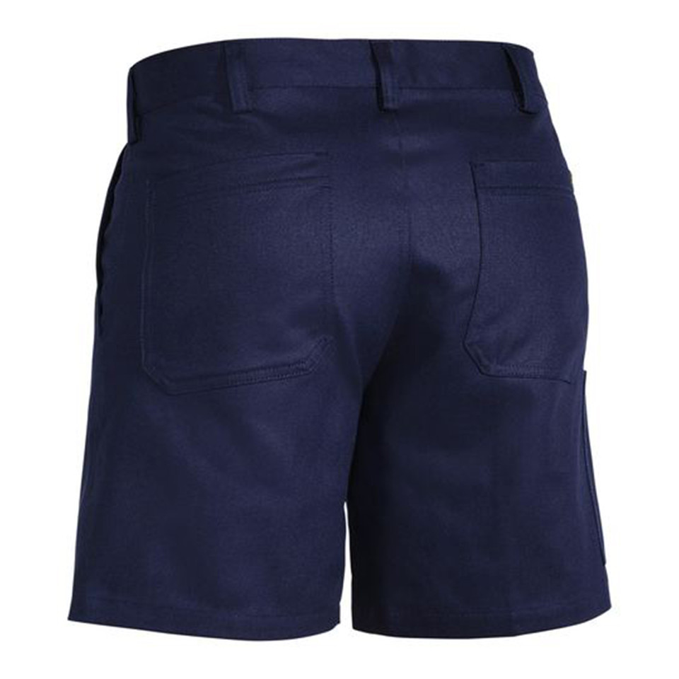Navy cotton drill work shorts with back pockets and belt loops viewed from rear