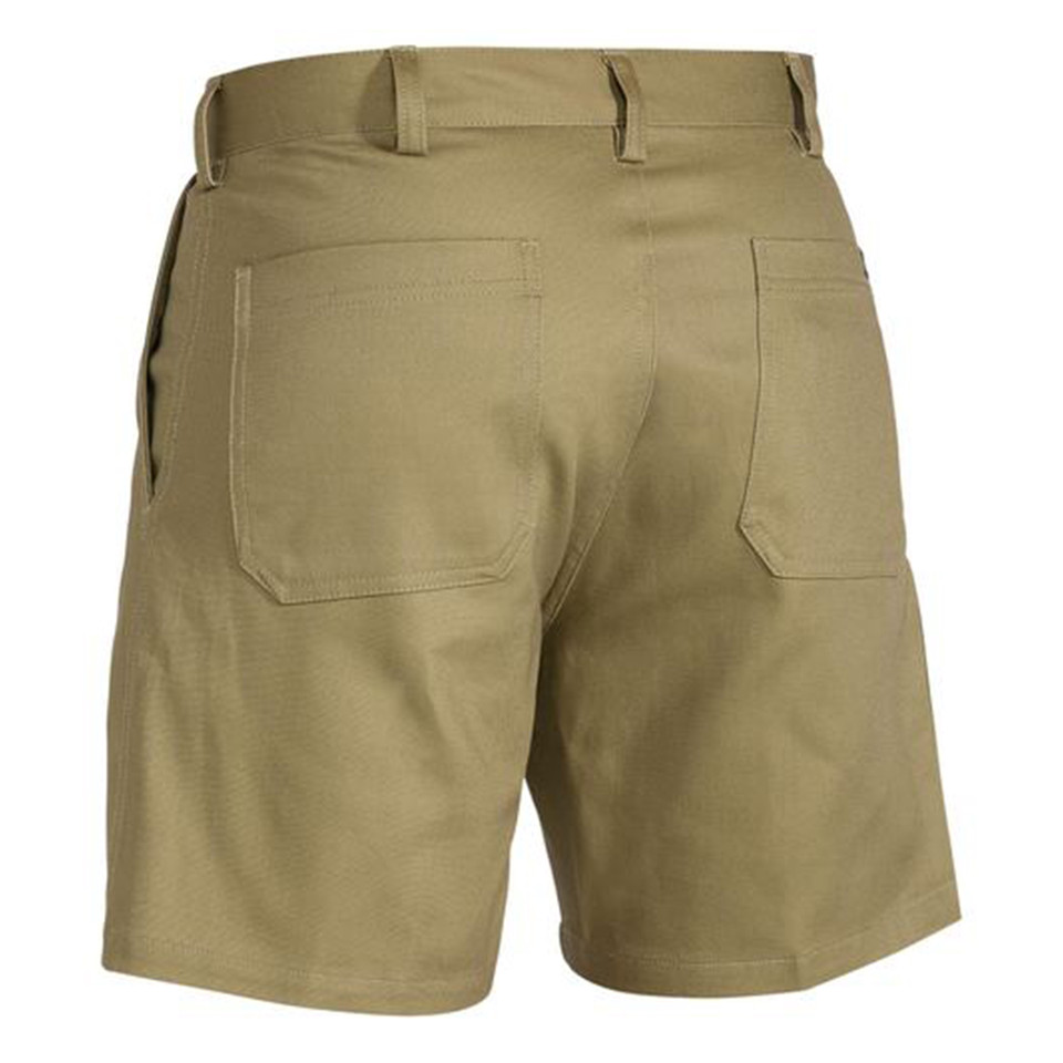 Khaki cotton drill work shorts with belt loops and back patch pockets shown from rear view