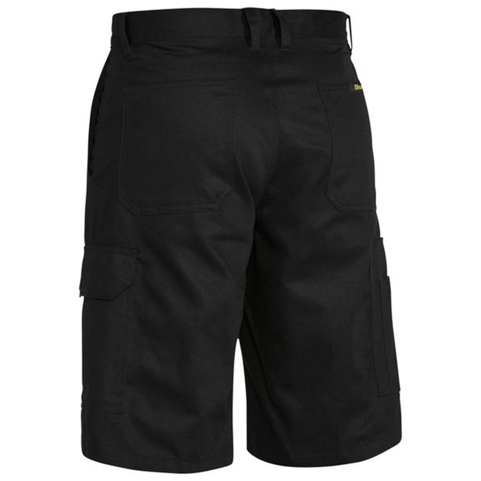 Black utility shorts with cargo pockets and belt loops shown from rear angle