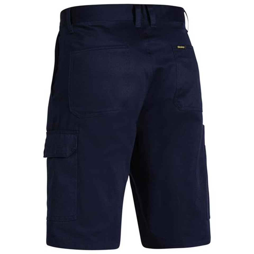 Navy work shorts with cargo pocket on side leg and back patch pocket with yellow brand tab