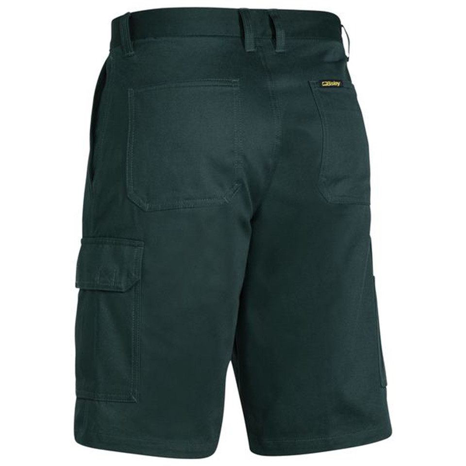 Dark bottle green work shorts with cargo pocket and dual back pockets with branded tab detail