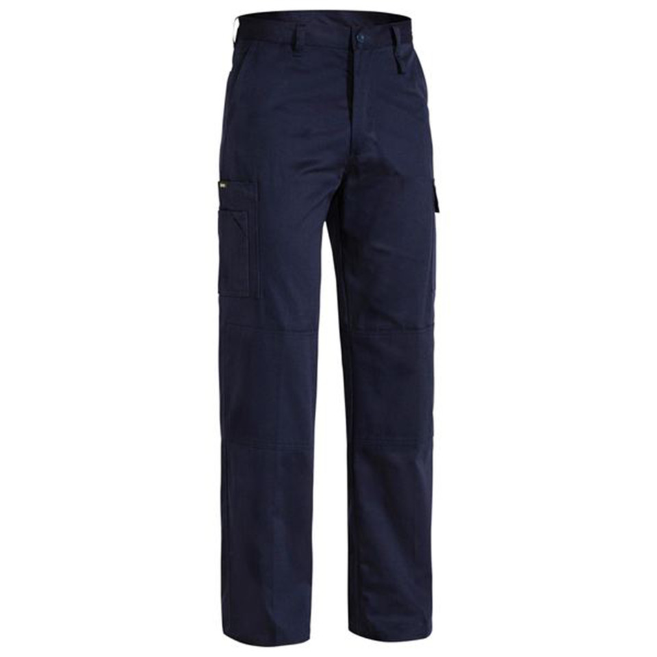 Navy cargo utility pants with multiple side pockets and belt loops