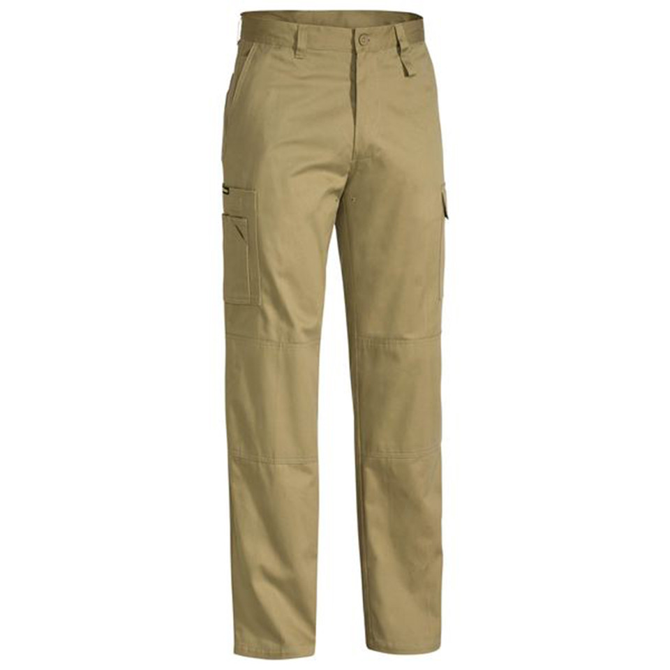 Khaki cargo pants with side pockets and knee reinforcement panels