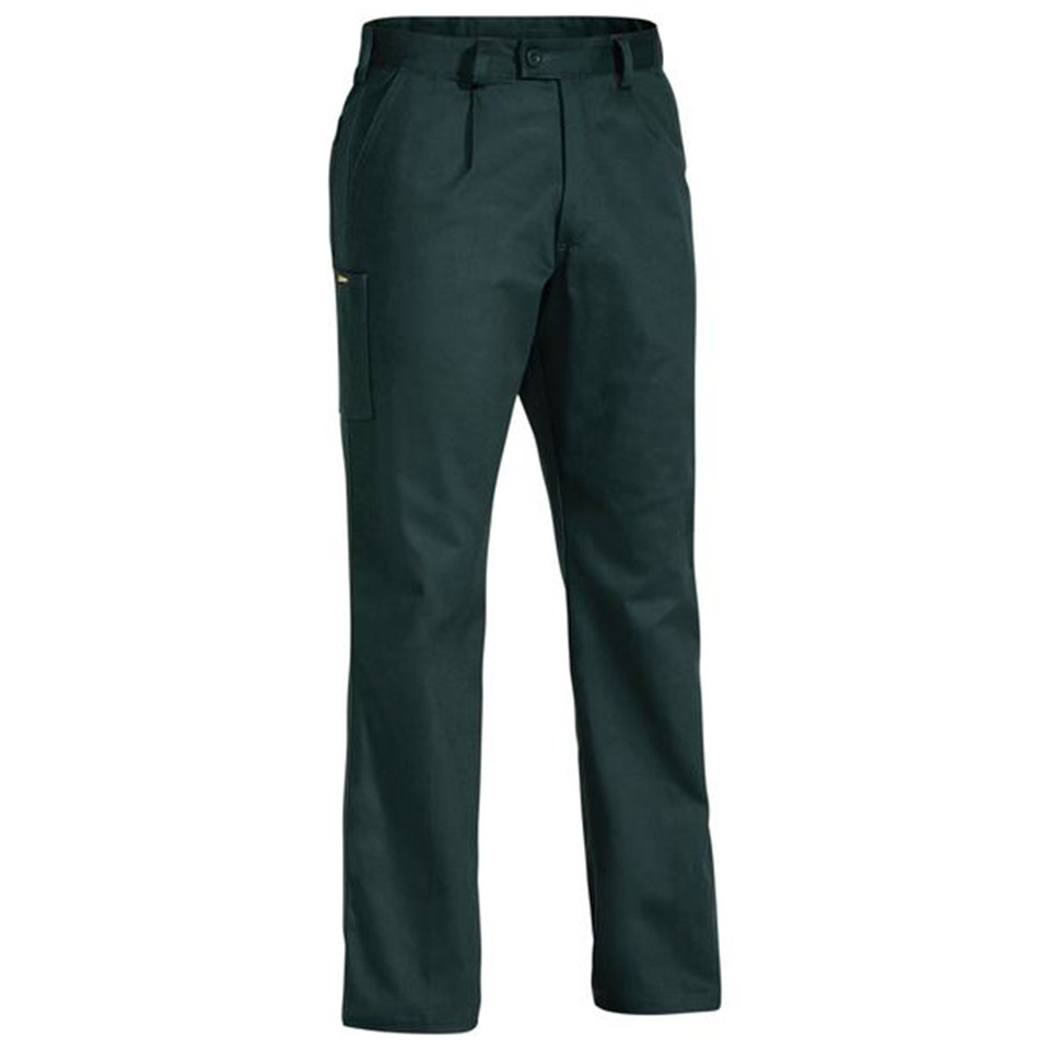 Bottle green cotton drill work pants with belt loops, cargo pocket and pressed front creases
