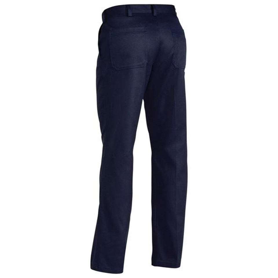 Navy cotton drill work pants with back patch pockets and belt loops, rear angled view