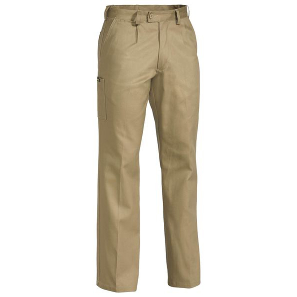 Khaki cotton drill work pants with belt loops, side cargo pocket and classic straight leg fit