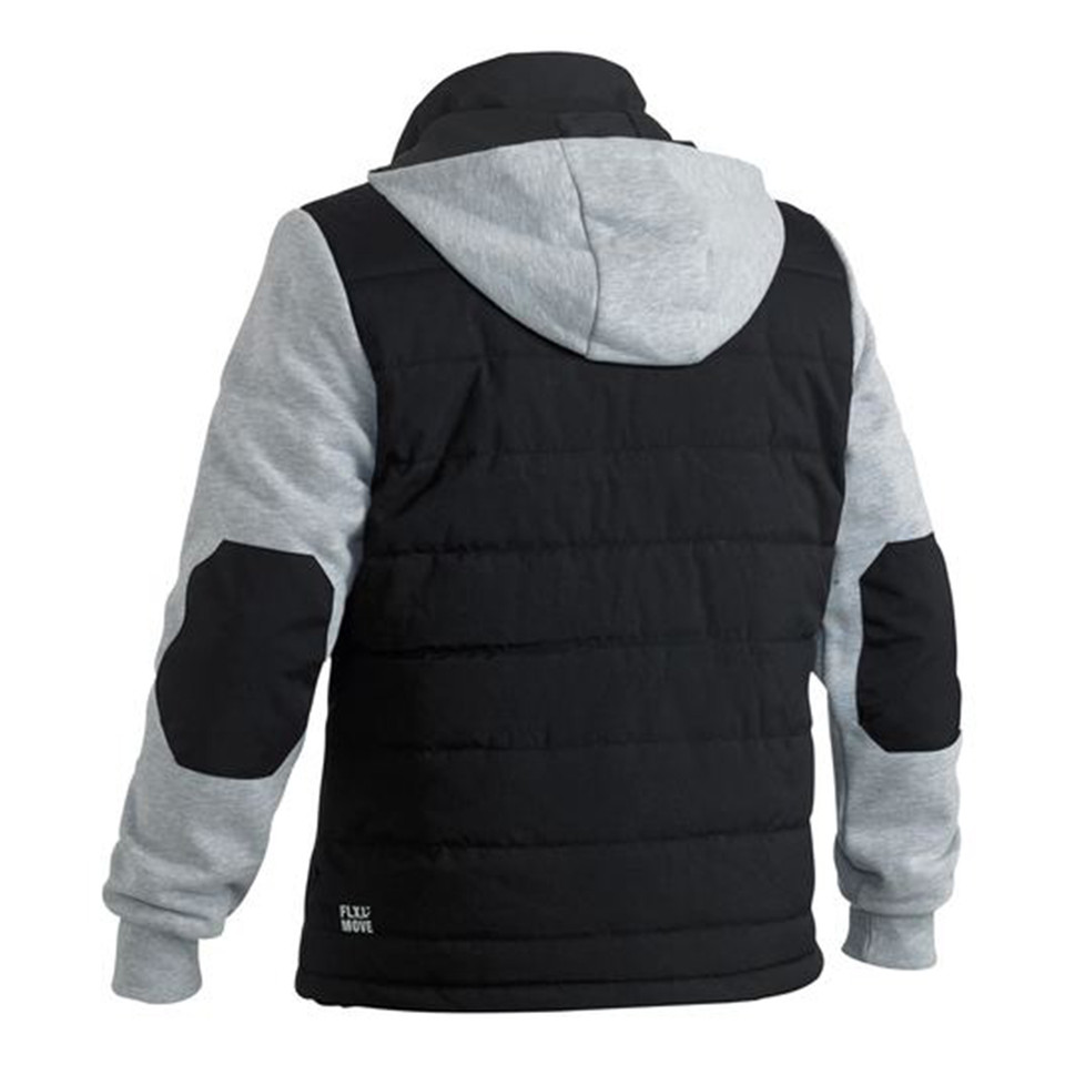 Black puffer vest with grey marle fleece sleeves and hood, featuring contrast elbow patches, back view