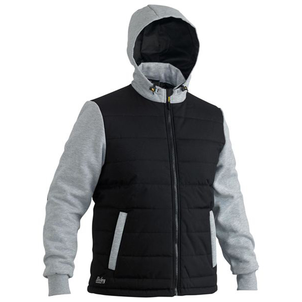 Black puffer vest with grey marle fleece sleeves and hood, full front zipper with contrast grey side pockets
