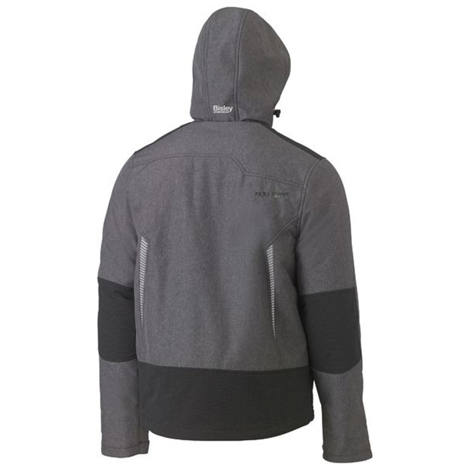 Charcoal grey hooded jacket with black contrast panels on sleeves and hem, rear zipper vents visible