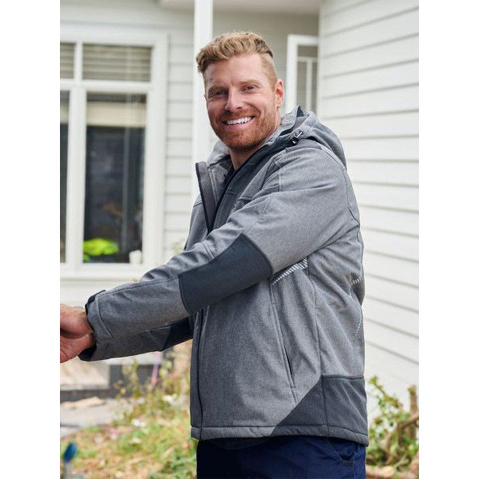Grey marle fleece jacket with charcoal contrast panels, hood and zip front closure