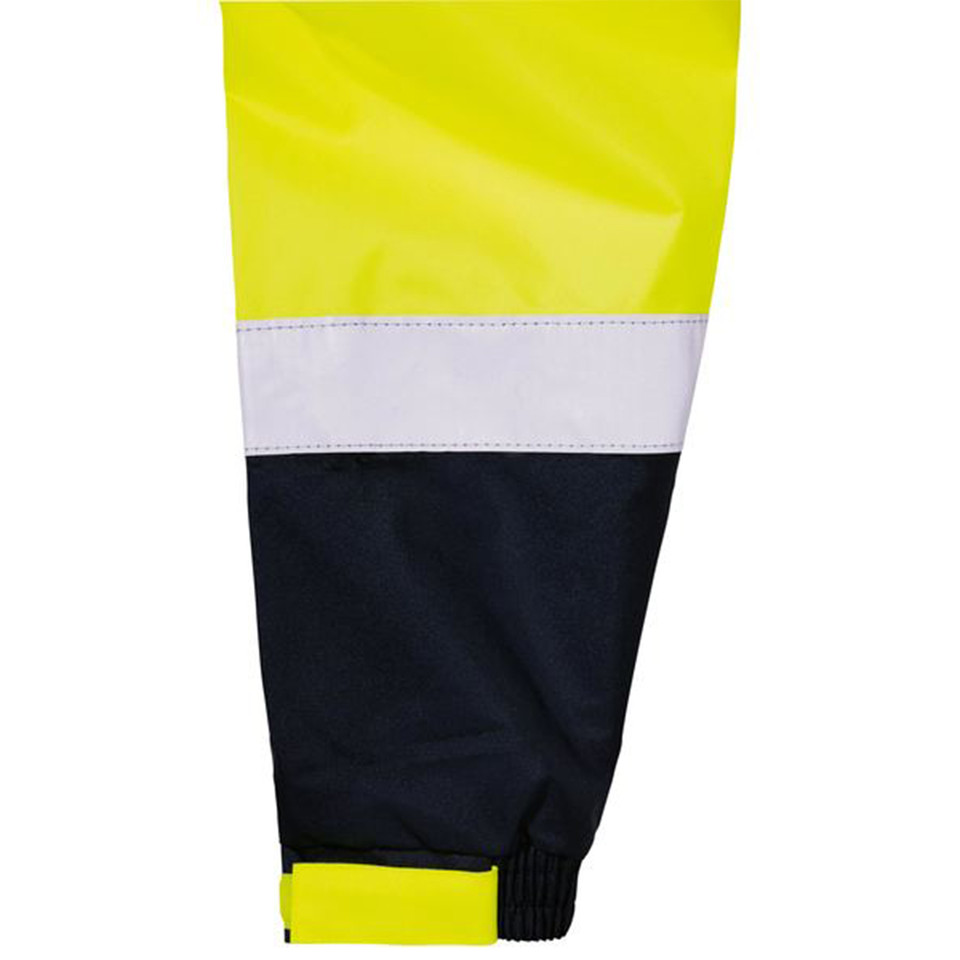 Hi vis rain jacket hem detail in yellow and navy with reflective tape band and elasticated cuff
