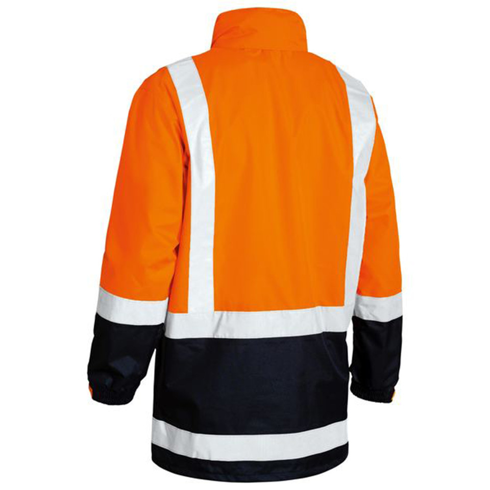 Orange and navy two-tone hi vis rain jacket rear view with X-back and horizontal white reflective tape bands