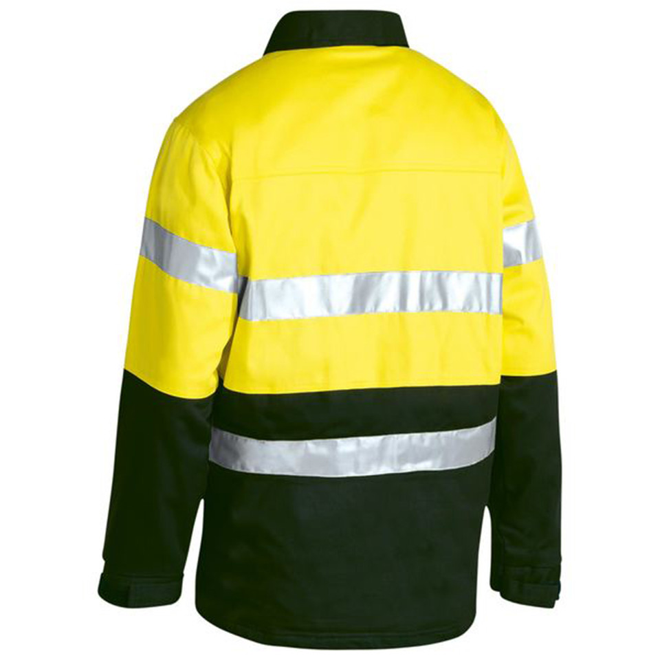 Rear view of yellow and bottle green two-tone hi vis drill jacket with dual silver reflective tape bands