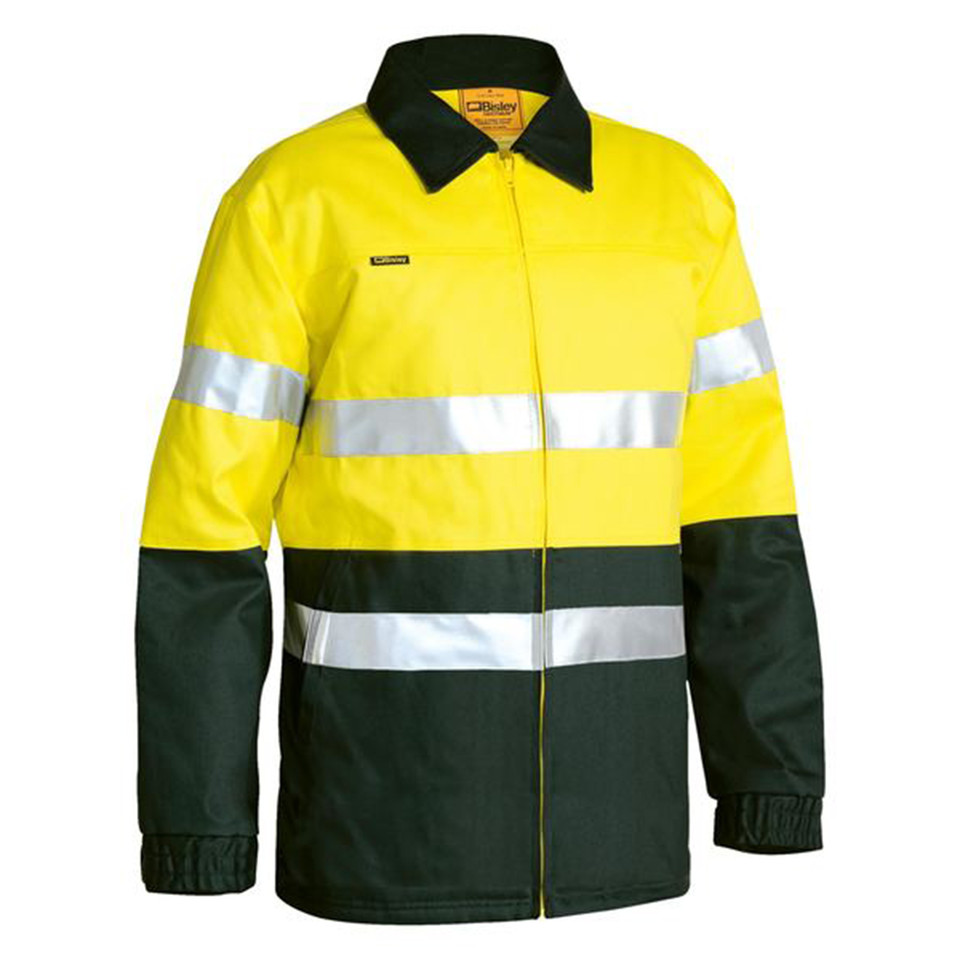 Yellow and bottle green hi vis drill jacket with silver reflective tape, zip front, ribbed cuffs, and contrast collar