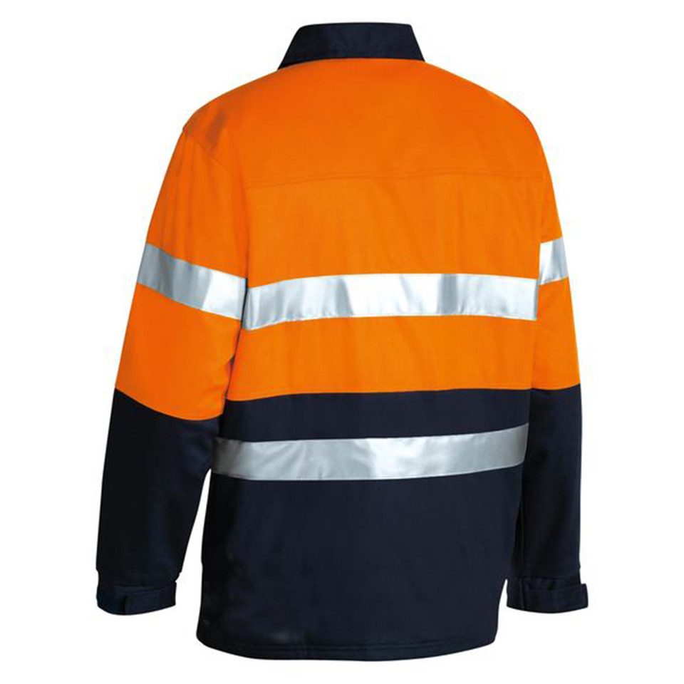 Orange and navy two-tone hi vis drill jacket rear view with dual silver reflective tape bands