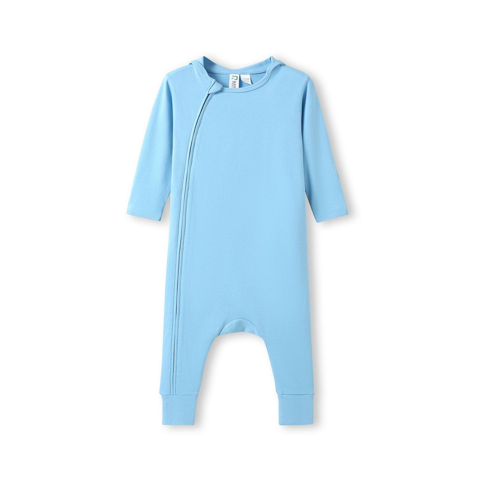 Sky blue organic cotton baby romper with diagonal zip closure and long sleeves