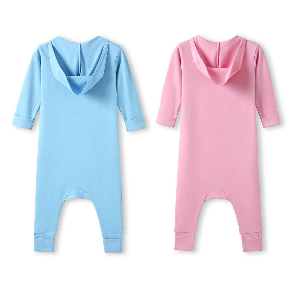 Sky blue and pink hooded baby rompers with long sleeves and ribbed cuffs