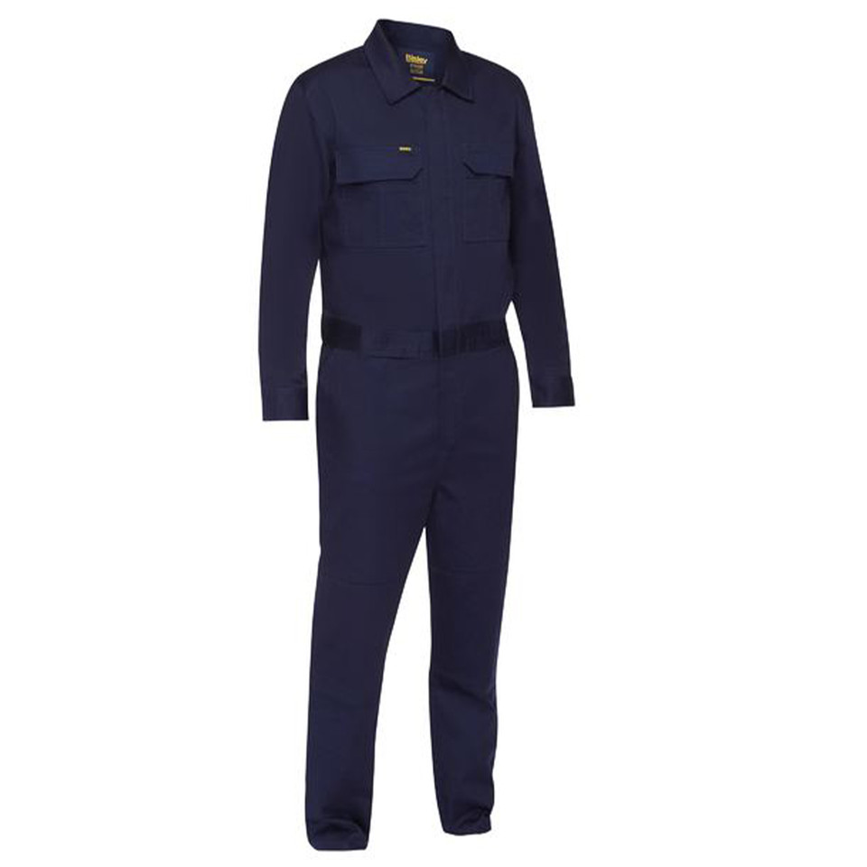 Navy work coverall with chest pockets, waist zip opening and long sleeves