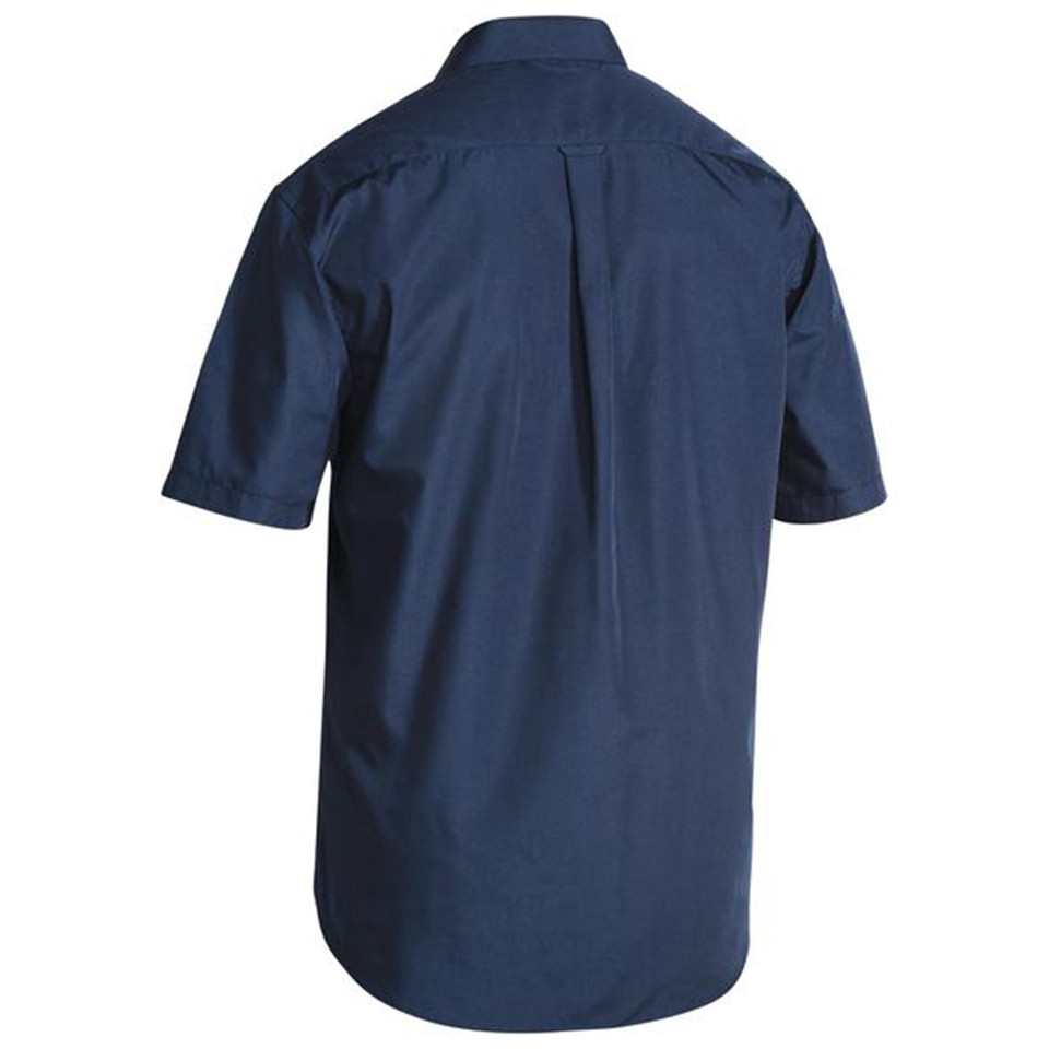 Navy short sleeve work shirt rear view showing centre back pleat and clean woven fabric