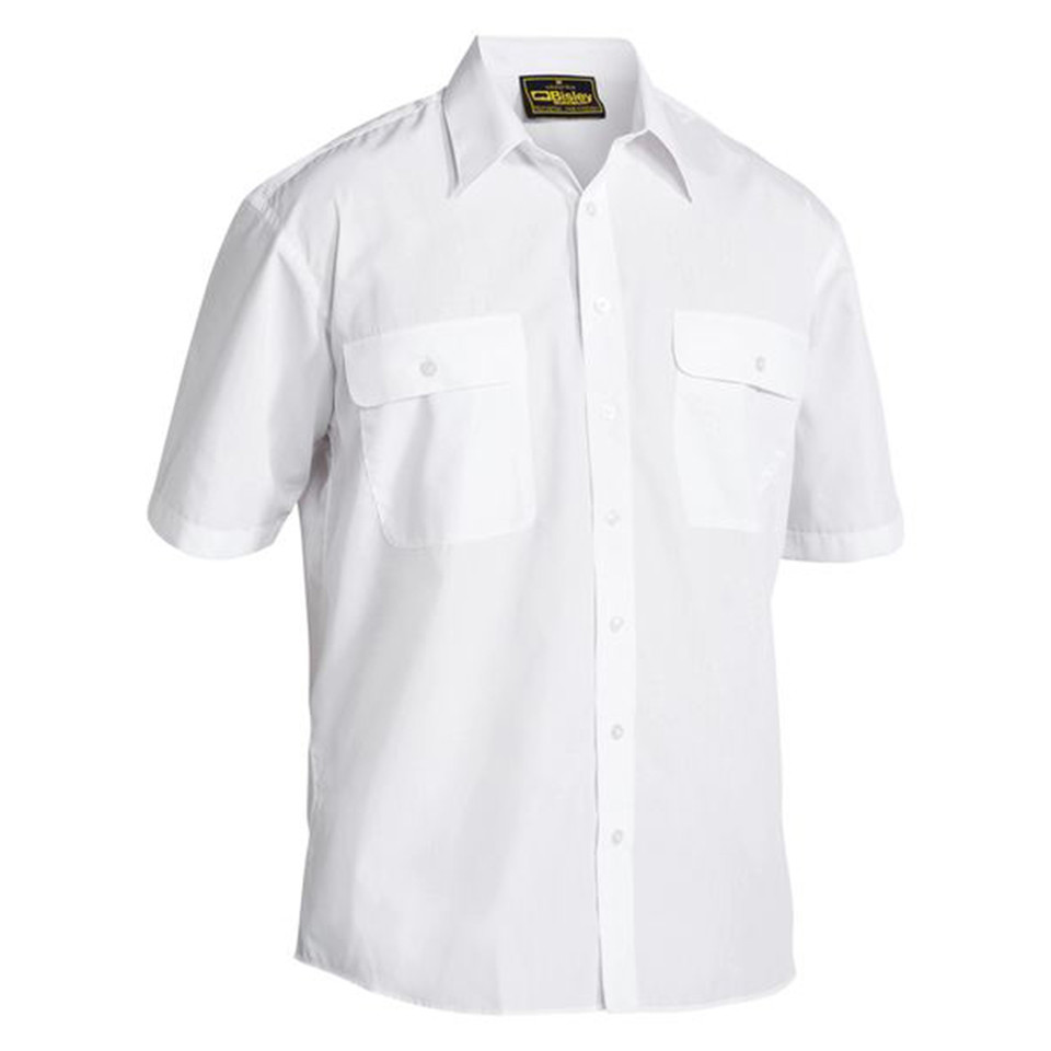 White short-sleeve work shirt with two chest pockets, epaulettes, and button-front placket