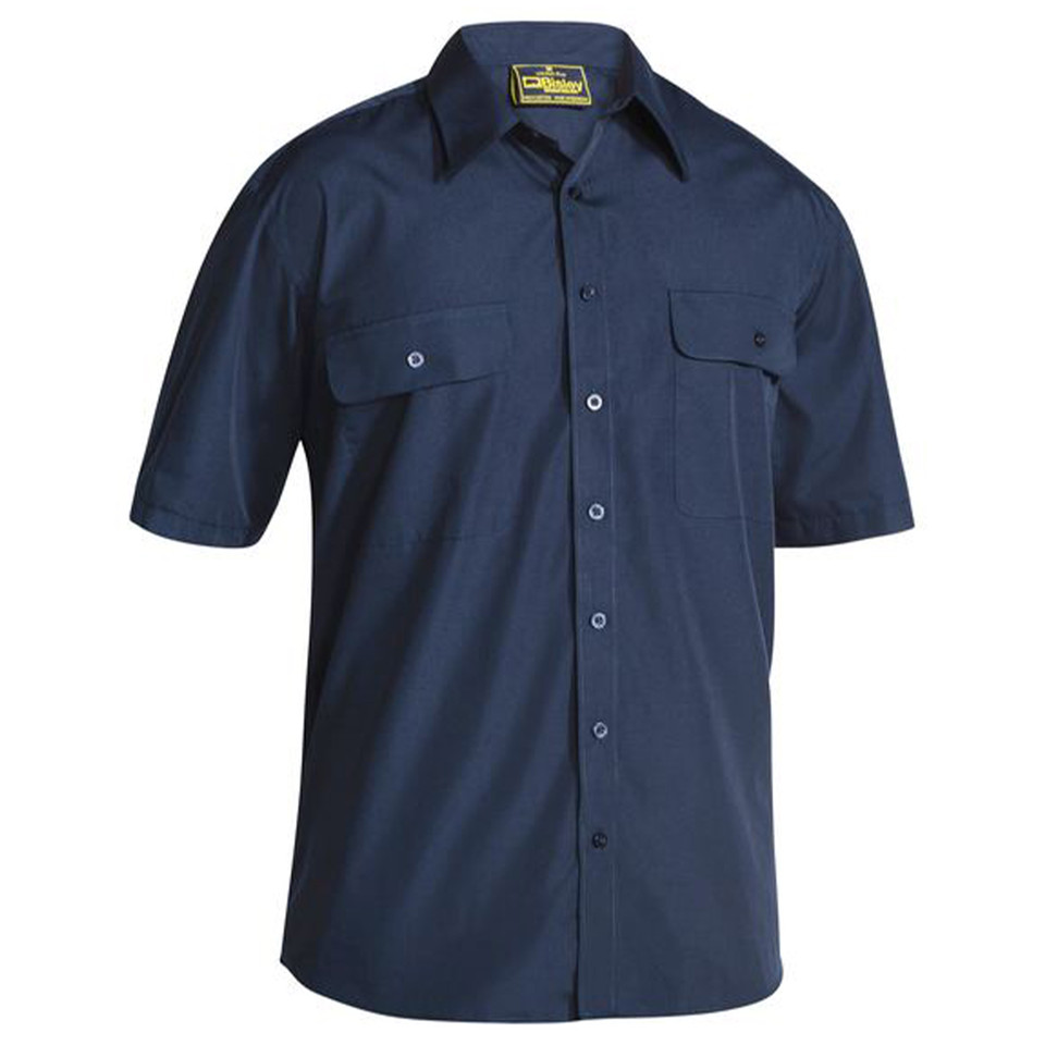 Navy short sleeve work shirt with button front, dual chest pockets with flaps, and point collar