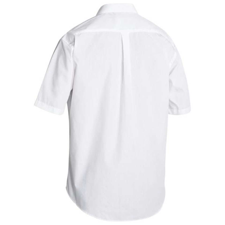 White short sleeve work shirt with back yoke and permanent press finish, rear view