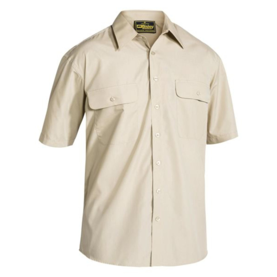 Khaki work shirt with short sleeves, button front closure, and dual chest pockets with flap closures