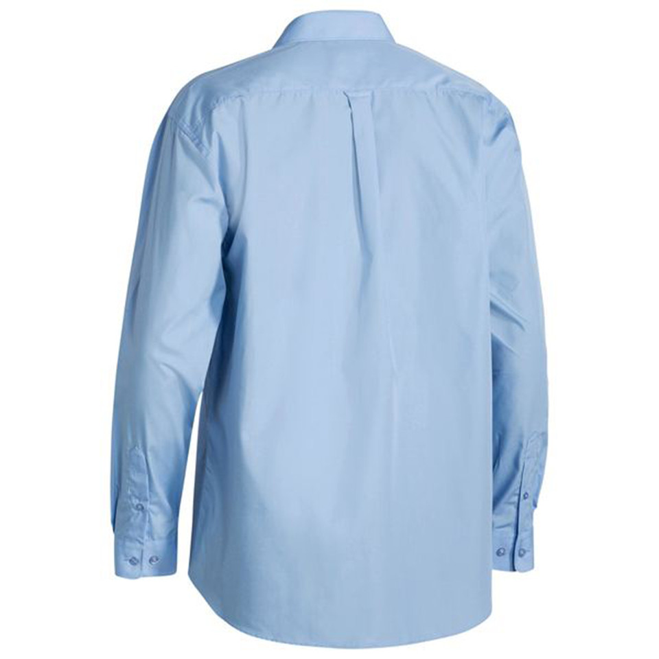 Sky blue long sleeve business shirt back view with centre pleat and button cuffs