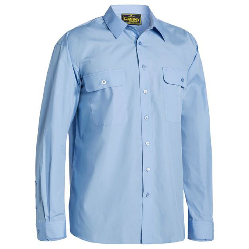 Light blue long sleeve work shirt with twin chest pockets and button-down flap closures