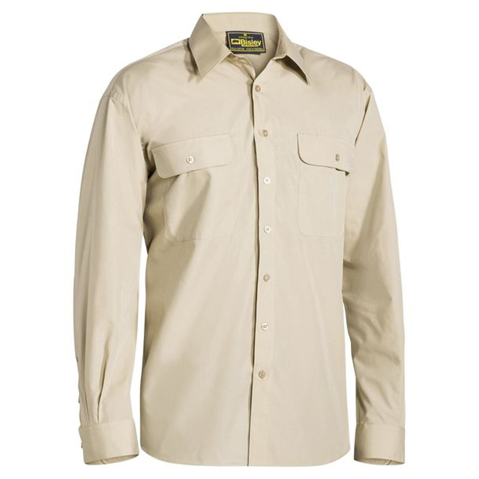 Cream long sleeve work shirt with button front closure and twin chest pockets with button flaps