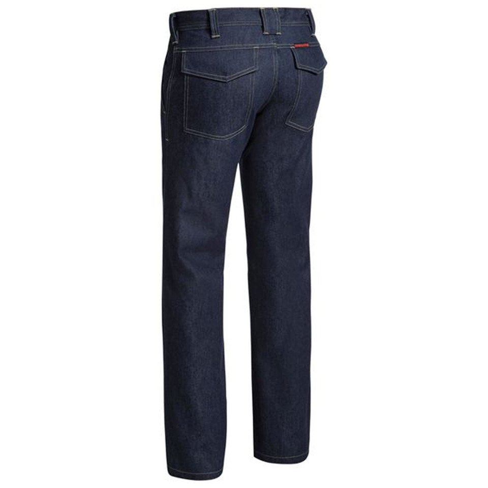Rear view of Bisley FR dark indigo denim work jeans with contrast stitching and back patch pockets