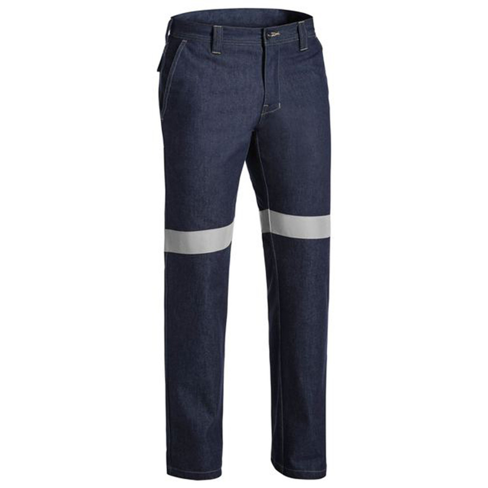 Navy denim work jeans with horizontal silver reflective tape across both thighs, belt loops and zip fly