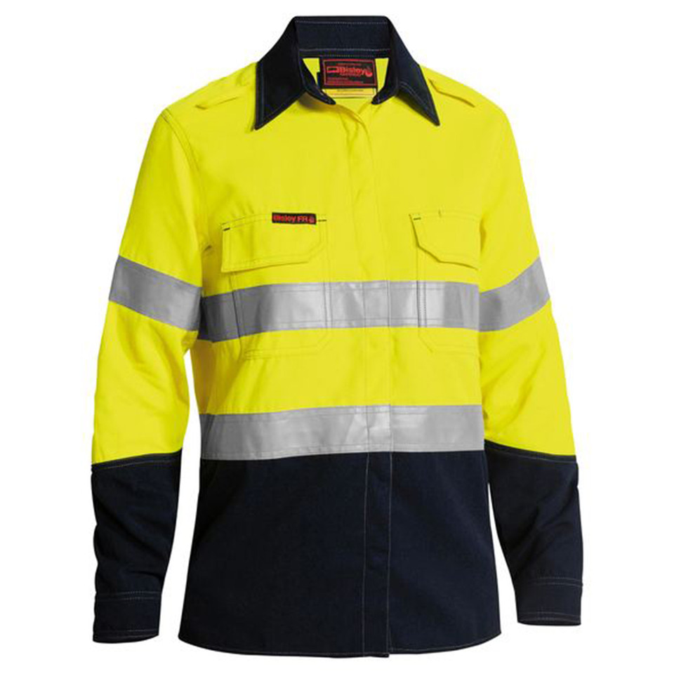 Yellow and navy women's FR long sleeve shirt with horizontal silver reflective tape and twin chest pockets