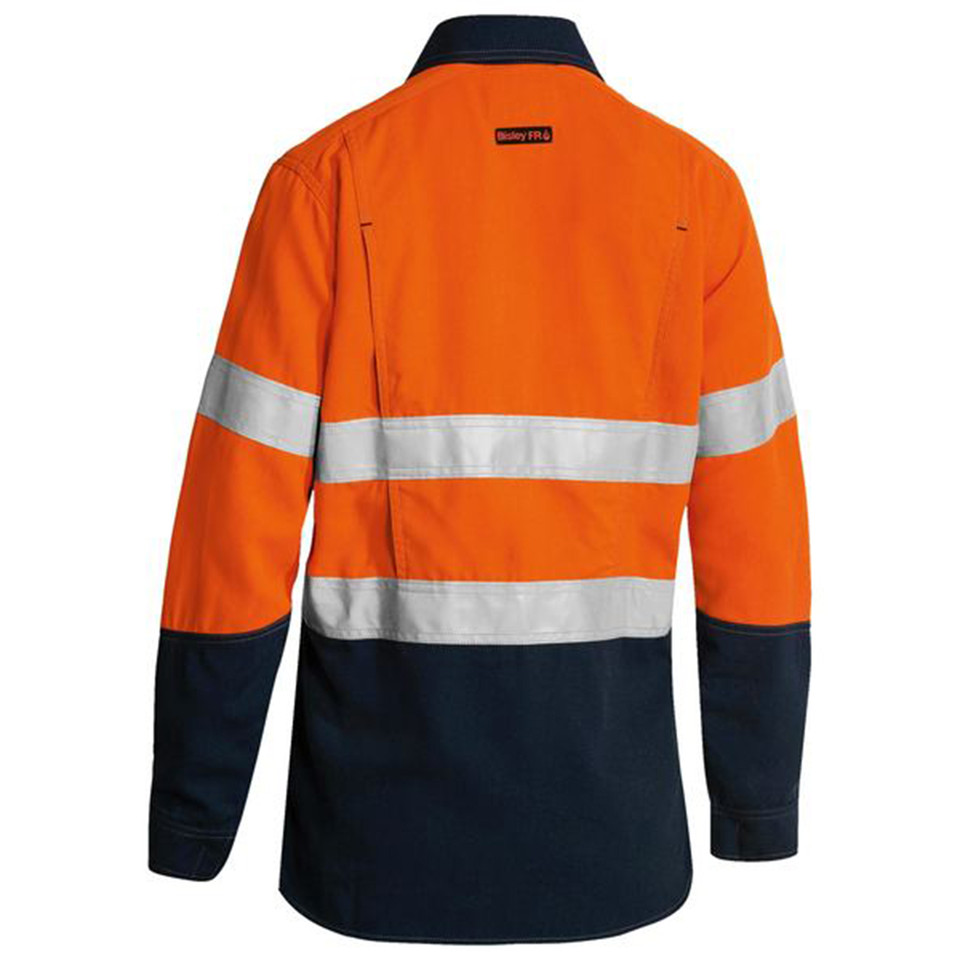Orange and navy two-tone women's FR long sleeve shirt with dual silver reflective tape bands, rear view