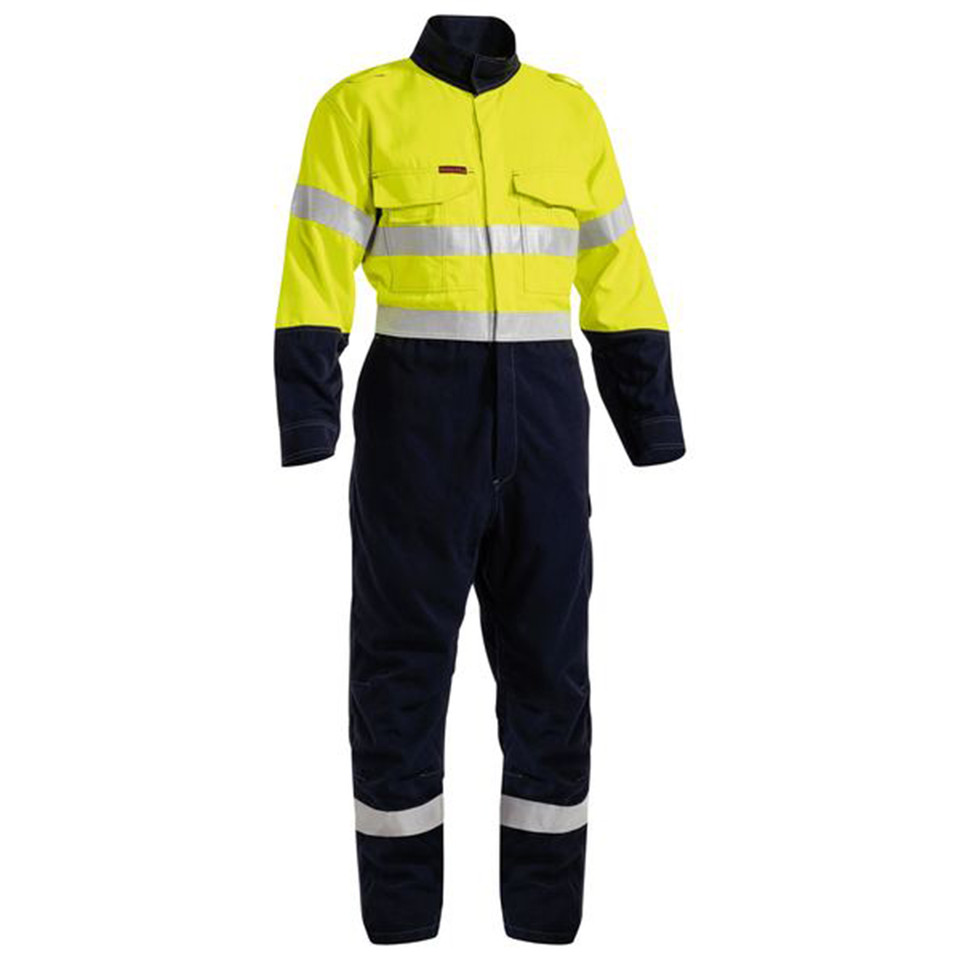 Hi-vis yellow and navy fire resistant coverall with silver reflective tape and chest pockets