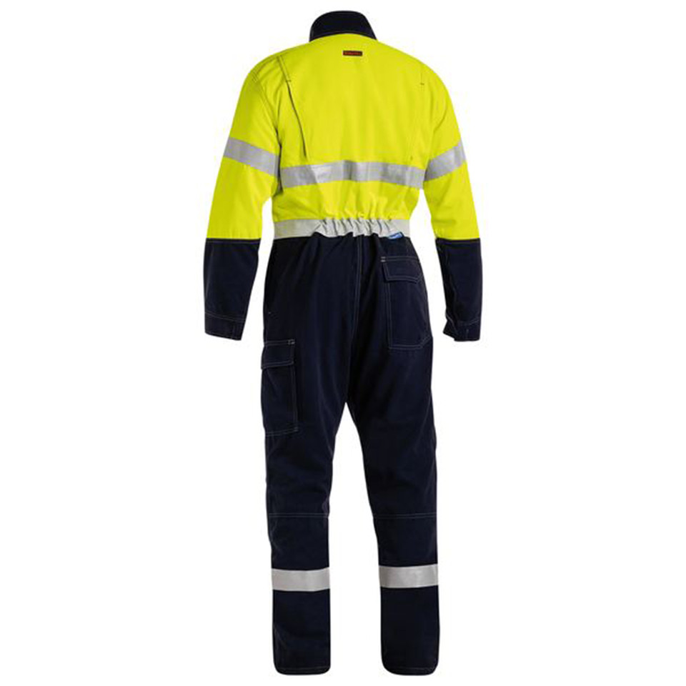 Hi-vis yellow and navy fire resistant coverall with silver reflective tape on torso and legs, rear view