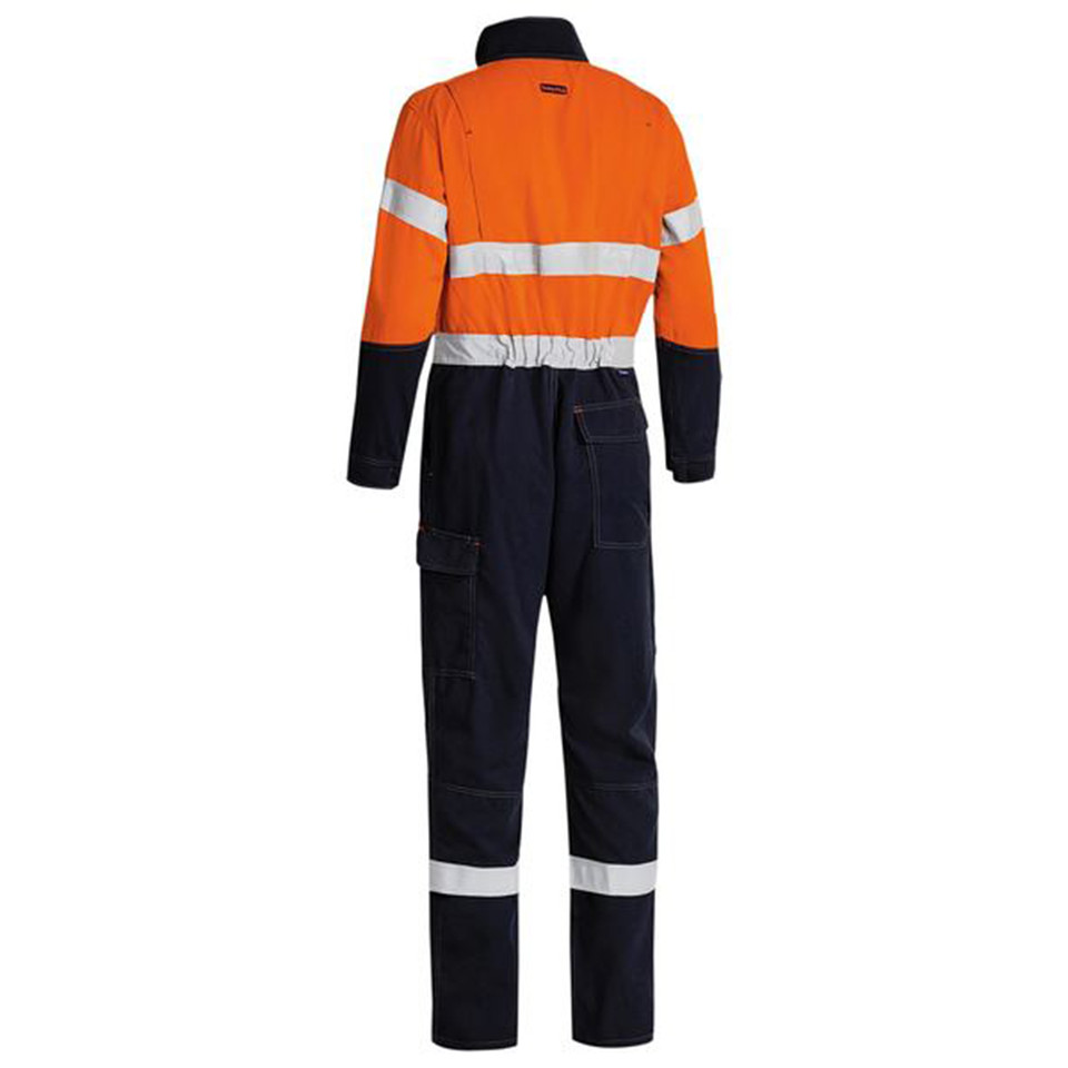 Hi-vis orange and navy fire resistant coverall with silver reflective tape on torso and legs