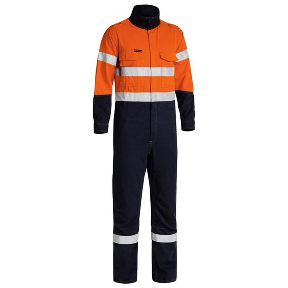 Orange and navy two-tone FR coverall with silver reflective tape bands on chest and ankles, zip front, chest pocket
