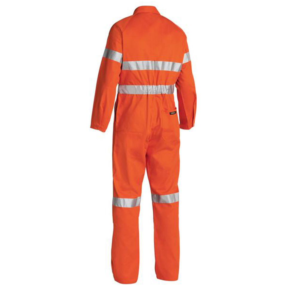 Orange hi-vis drill coverall with silver reflective tape on torso, arms and legs, rear view