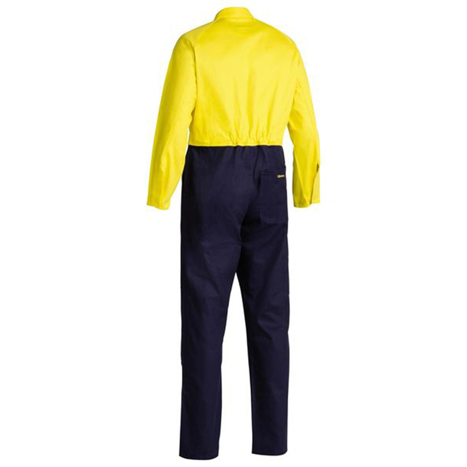 Yellow and navy two-tone industrial coverall with high visibility upper panel and contrast lower section