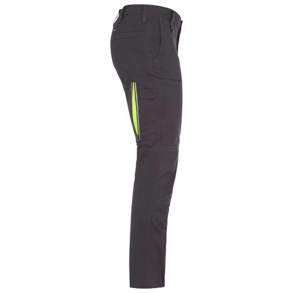 Charcoal ripstop cargo pants with neon yellow zipper vents and multiple cargo pockets shown in side profile