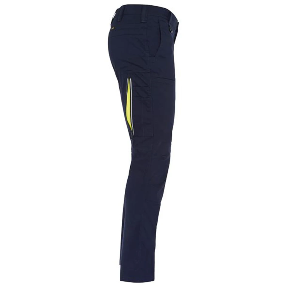 Navy ripstop cargo pants with yellow side zipper vents and cargo pockets shown in profile view