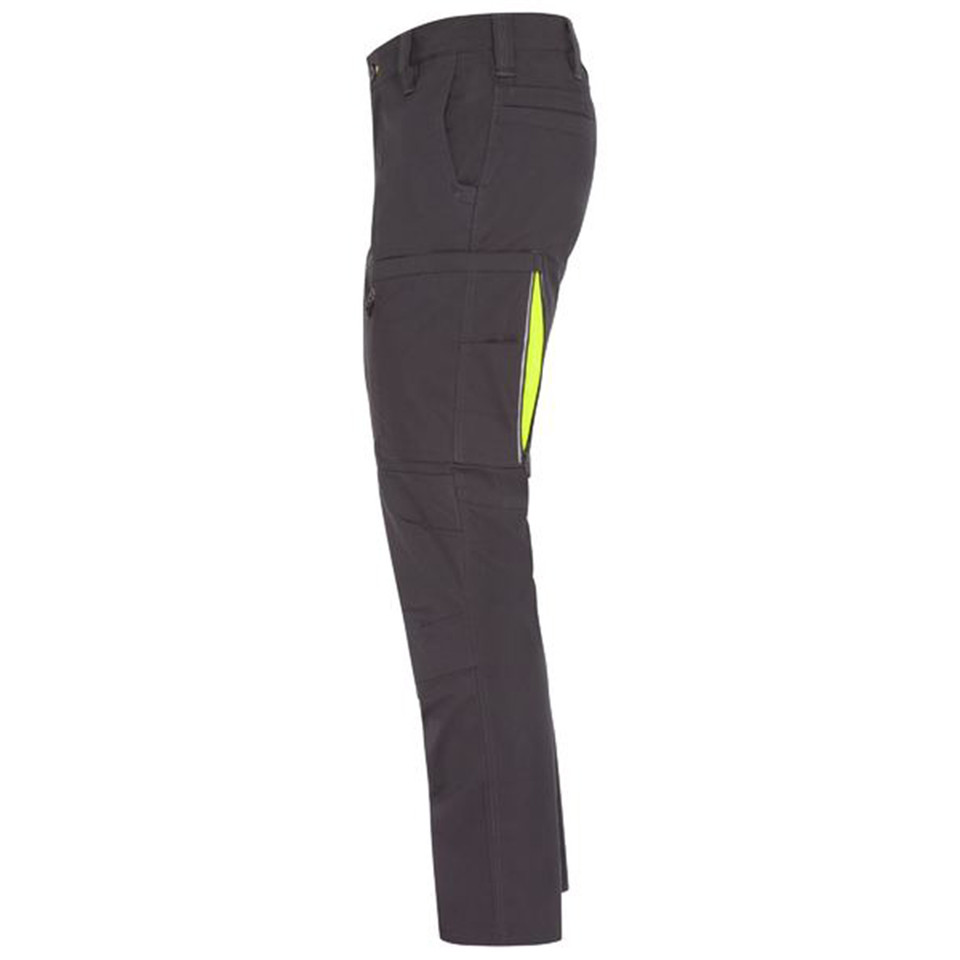 Charcoal cargo pants with neon yellow zippered leg pocket and ventilation panels