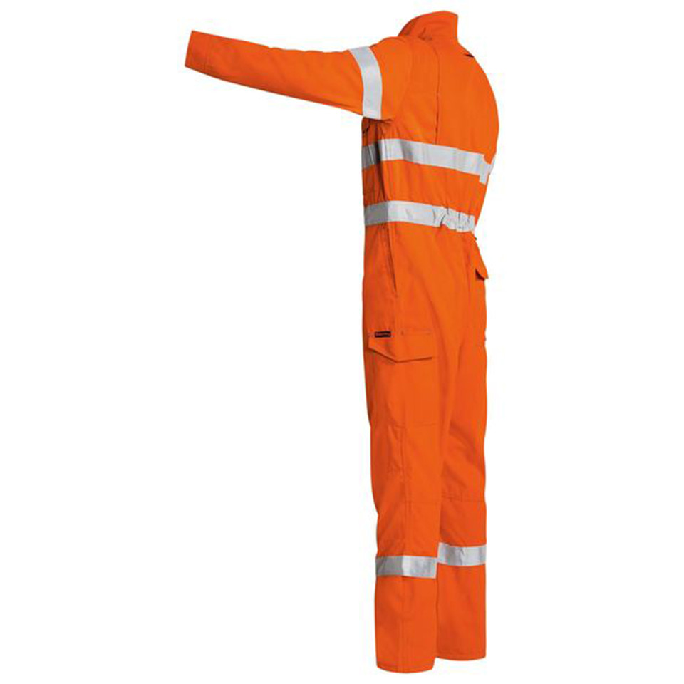Fluorescent orange flame resistant coverall with silver reflective tape on torso, arms and legs