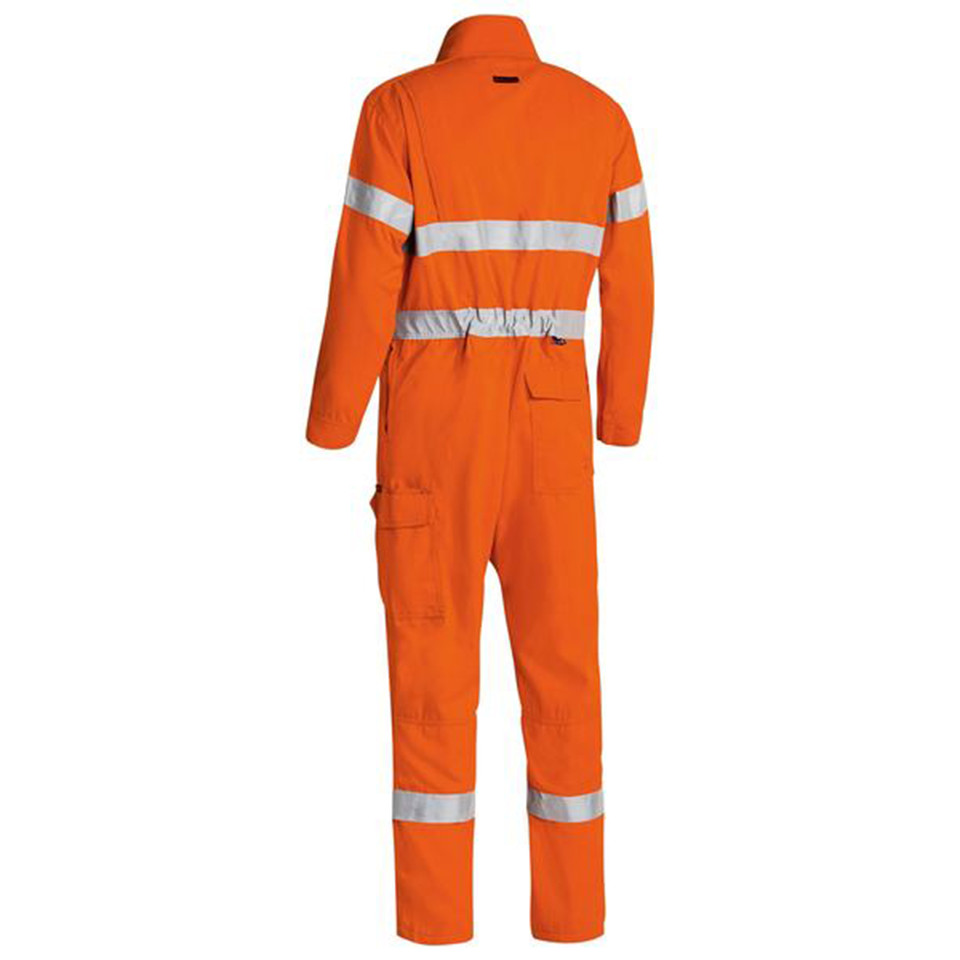 Orange flame resistant coverall with silver reflective tape on torso and legs, multiple pockets, back view