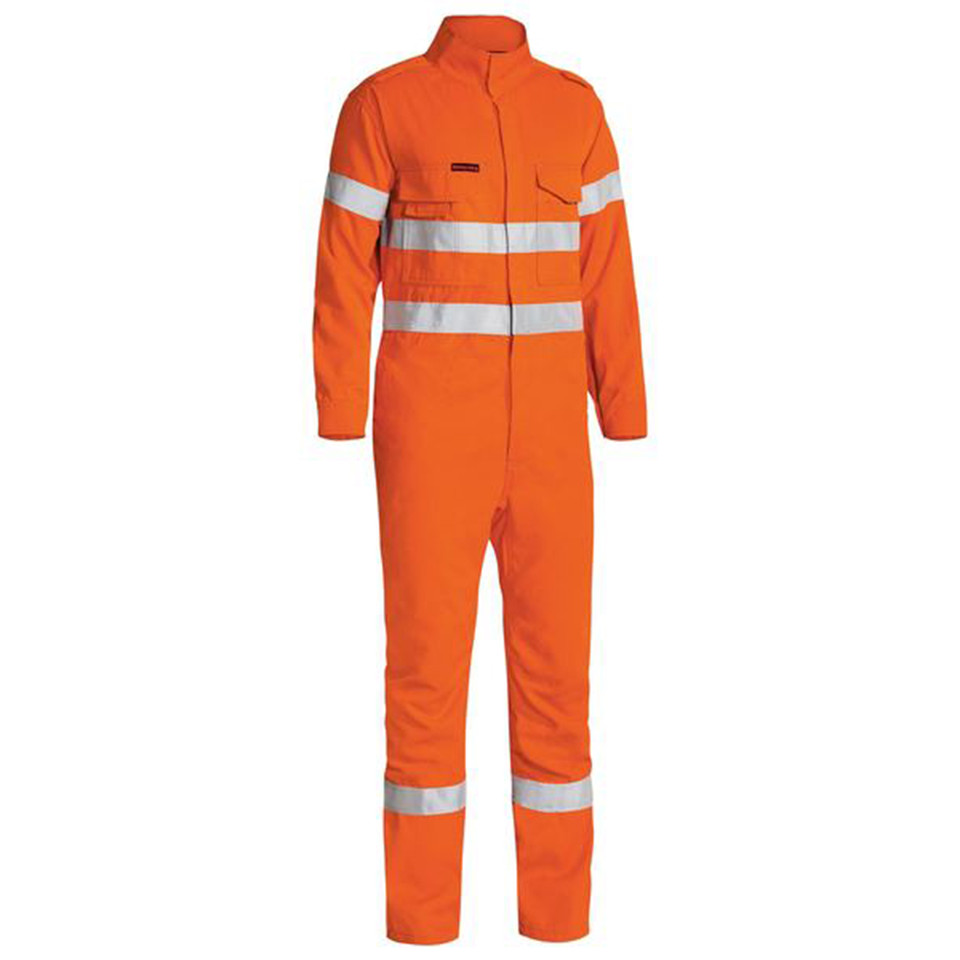 Orange flame resistant coverall with silver reflective tape on arms and legs, zip front and chest pocket