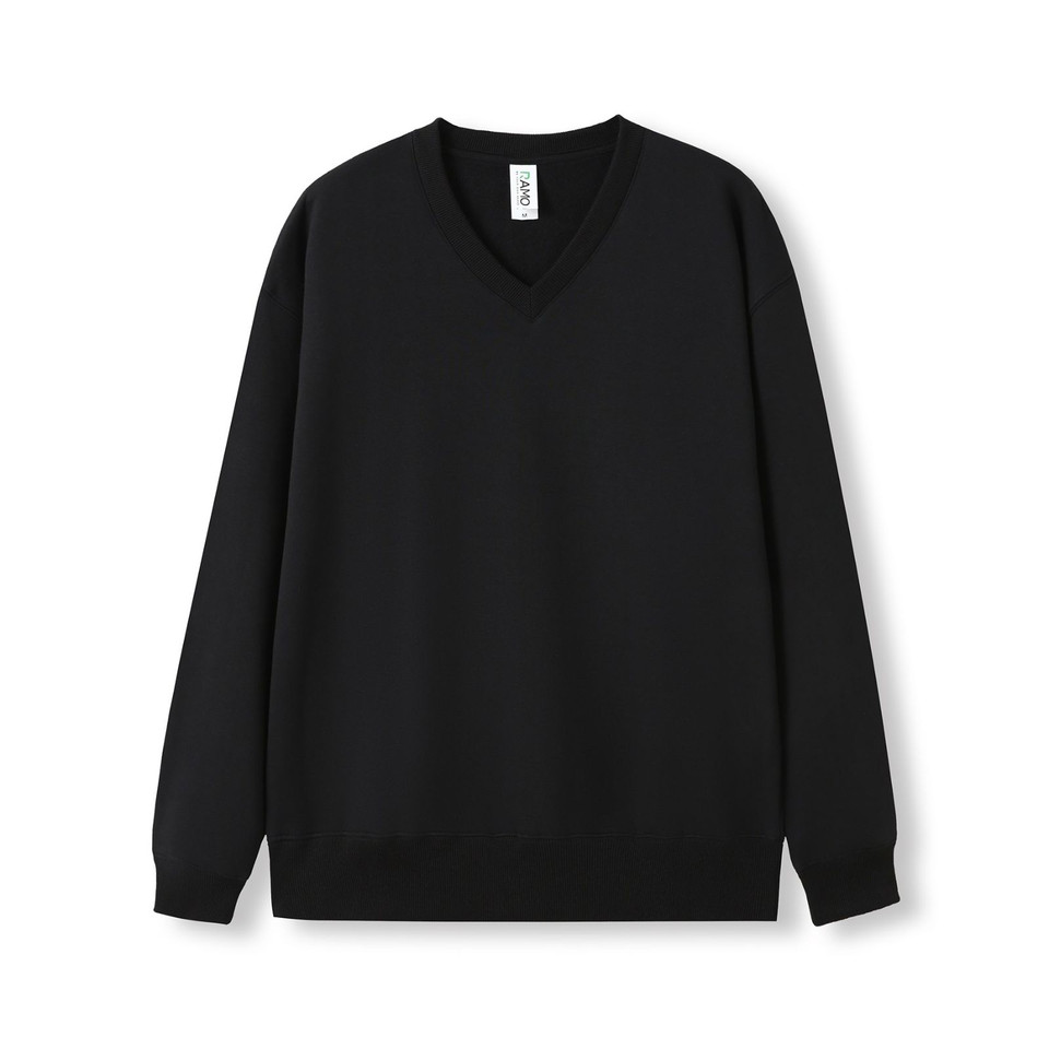 Black unisex v-neck fleece sweater flat lay, ribbed cuffs and hem, clean smooth chest panel