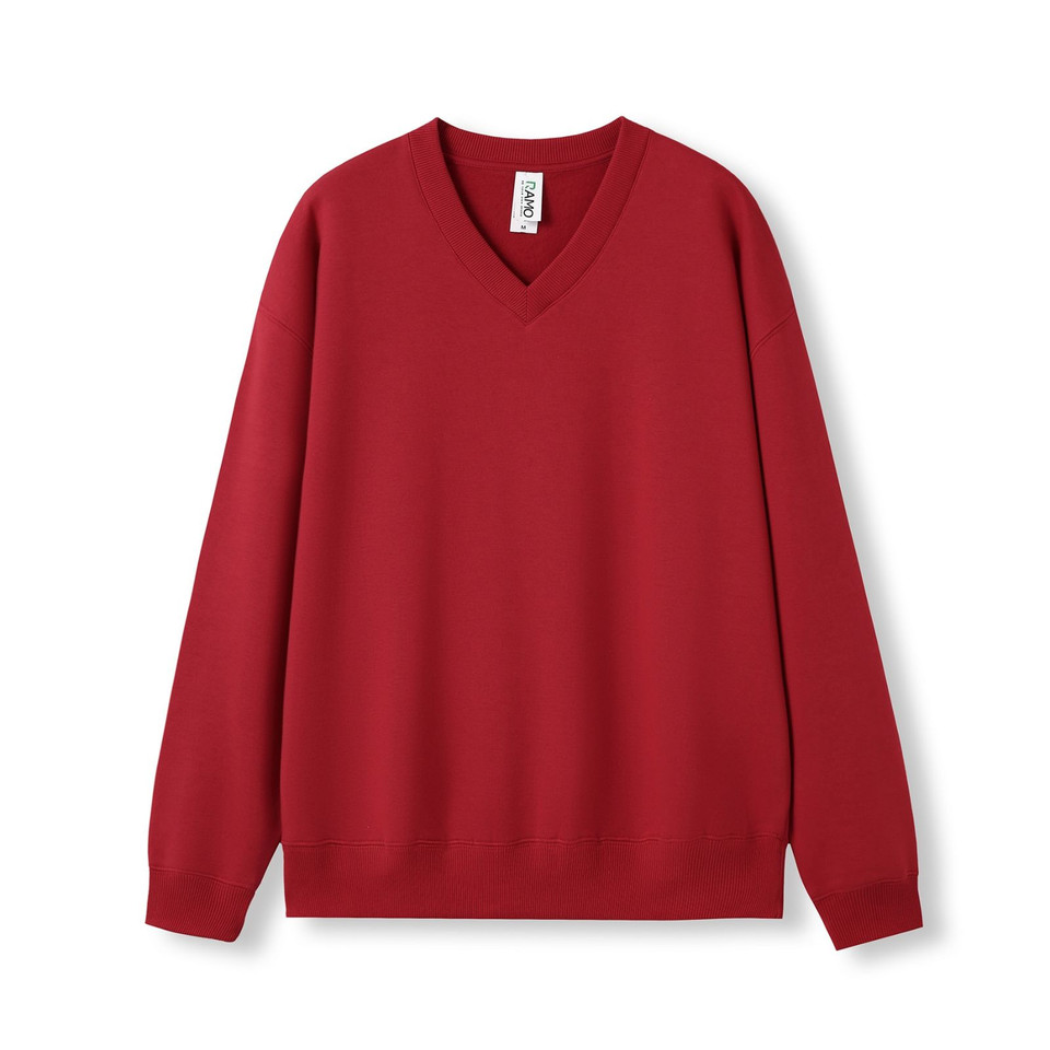 Unisex Plus Size V-Neck Fleece Sweater - Red