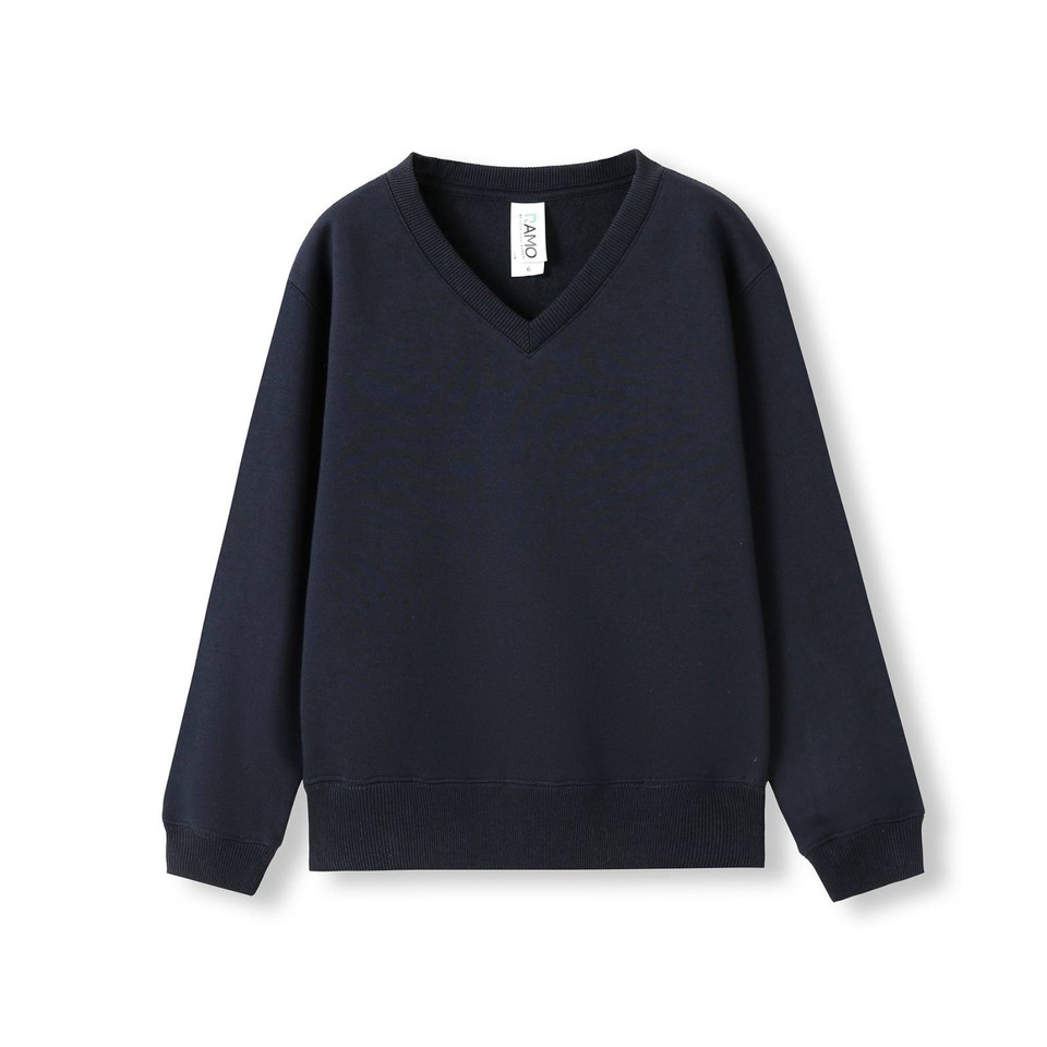 Navy fleece v-neck sweater with ribbed cuffs and hem on white background