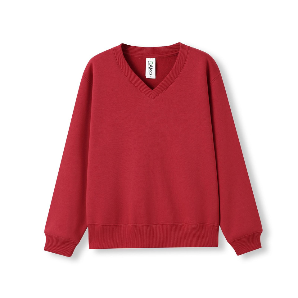 Crimson red kids v-neck fleece sweater, flat lay, ribbed cuffs and hem, smooth front panel